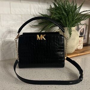 Michael Kors Black Croc-Embossed Top Handle Satchel with Gold Hardware